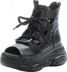 Женские летние ботильоны на платформе из натуральной кожи с открытым носком, кружевами, вырезами и задней молнией, короткие ботинки BlackeEight, Black