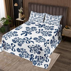 Erosebridal Комплект постельного белья Peony с вышивкой в стиле бело-голубого фарфора и бантиками, Blue White