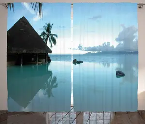 Шторы ABAKUHAUS Тропический деревенский, Деревянный дом с природным дизайном, универсальные ленточные шторы для гостиной с петлями и крючками, 280 x 175 см, коричнево-синие Abakuhaus