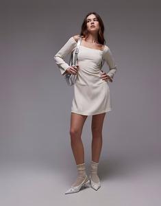 Мини-платье Nia moira с открытыми плечами и длинными рукавами в каменном цвете