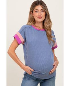 Розовая ребристая футболка для беременных с коротким рукавом и цветовыми блоками Pinkblush, Blue