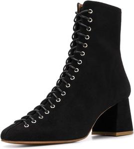 Женские ботильоны YDN Western Block с шнуровкой, среднем каблуке, заостренным носком и молнией, Black