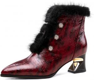 Женские ботильоны TinaCus из натуральной кожи с заостренным носком, ручной работы, с кристаллами, на молнии и с массивным каблуком, Burgundy