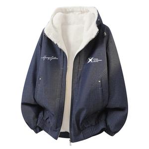 Пуховик Unisex с капюшоном, на флисовой подкладке, в стиле карго HUANQIU, denim синий