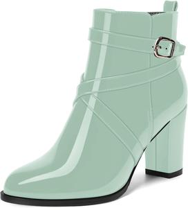Женские ботильоны MODENCOCO осень-зима с застежкой, модные, из лакированной кожи, с круглым носком, на высоком блочном каблуке 3,5 дюйма, Turquoise