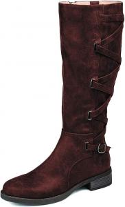 Женские сапоги FSJ с закругленным носком для верховой езды, до колена, с широкой голенью, на массивном низком каблуке, длинные сапоги с боковой молнией, зимние нарядные ботинки с перекрестными ремешками сзади, размеры США 4-15, Reddish Brown