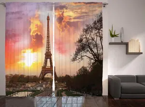 Штора ABAKUHAUS Paris Rustic, Парижский городской пейзаж на закате, универсальная ленточная штора для гостиной с петлями и крючками, 280 x 225 см, оранжево-коричневый цвет Abakuhaus