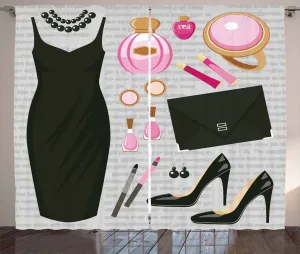 Шторы ABAKUHAUS Heels and Dresses в деревенском стиле, платье и сумка, универсальные ленточные шторы для гостиной с петлями и крючками, 280 x 225 см, светло-коричневый, светло-розовый, черный Abakuhaus