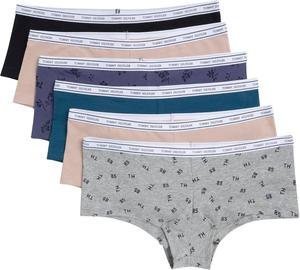 Женские классические хлопковые трусы-шорты Tommy Hilfiger с логотипом на поясе, упаковка 6 пар, Tossed Th Heather Grey/Balanced Beige/Black/Alfalfa Blue/Balanced Beige/Monochrome Floral Crown Blue