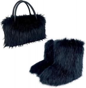 Женские зимние сапоги из искусственного меха, пушистые и теплые, противоскользящие, средней высоты, с низким каблуком, удобные с круглым носком, для улицы, комплект из 2 предметов: сапоги + мягкая плюшевая сумка для женщин Aflngle, Black