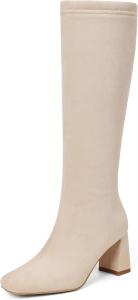 Женские высокие сапоги Eteridrey с квадратным носком до колена, широкие голенища, низкий массивный каблук, удобные модные длинные сапоги с боковой молнией, 1Beigesuede