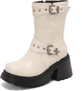 Женские ботильоны Seborluys Platform на платформе, с молнией, круглый носок, байкерские ботинки с пряжкой, мотоботинки, White Fleece-Lined