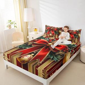 Erosebridal Комплект постельного белья с новогодним принтом золотые банты и шары красный, Golden Red