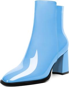 Женские стильные ботильоны AUMOTED с массивным каблуком, закрытым квадратным носком и боковой молнией, короткие ботинки, каблук 3,4 дюйма, Patent Light Blue