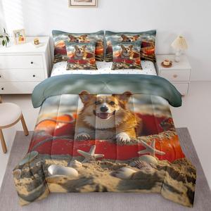Erosebridal Комплект постельного белья Kids Corgi с веселым принтом собак и морским декором из ракушек и морских звезд, 100% полиэстер, Orange
