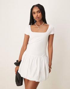 Мини-платье Mango с квадратным вырезом, короткими рукавами и подолом-фонариком белого цвета