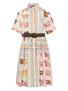 Хлопковое платье в полоску с лошадиной тематикой Fendi Kids, нейтральный