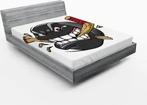 Простыня на резинке ABAKUHAUS Хоккей с шайбой, мультяшный талисман чемпионата по хоккею с шайбой, ломающей и кусающей клюшку, 135 x 190 см, многоцветная Abakuhaus