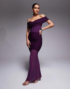 Эксклюзивное двухслойное облегающее платье макси Kaiia с открытыми плечами и прозрачным сетчатым подолом в сливовом цвете