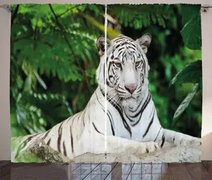 Штора ABAKUHAUS Тигр в деревенском стиле, Бенгальская кошка-альбинос на камнях, присборенная штора для спальни с петлями и крючками, 280 x 225 см, цвет Папоротник зеленый белый Abakuhaus