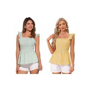 Две упаковки топов с баской для женщин, летняя блузка с квадратным вырезом и без рукавов в клетку Inspire Chic, Light Pea Green Yellow