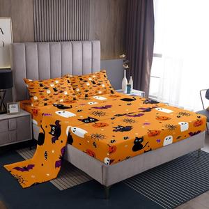 Erosebridal Комплект постельного белья Happy Halloween с принтом тыквы, кота, летучей мыши и паутины в готическом стиле, оранжевый, White Yellow
