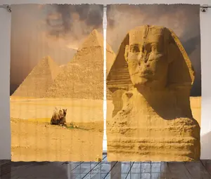 Штора в египетском стиле ABAKUHAUS, с изображением старого сфинкса, для спальни, со сборками, петлями и крючками, 280 x 175 см, янтарно-песочно-коричневый Abakuhaus