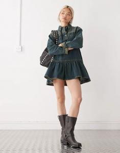 Платье-блуза из денима с длинными рукавами COLLUSION зеленого цвета