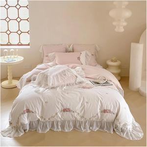 YIZUFU Комплект постельного белья из египетского хлопка с цветочной аппликацией, вышивкой и кружевными рюшами Pink.