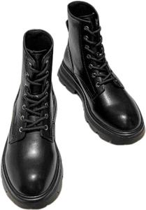 Женские боевые ботинки на платформе 2025 года с шнуровкой, рифленой подошвой, удобным массивным каблуком, осенние ботильоны средней высоты для мотоциклов Generic, Black Cotton