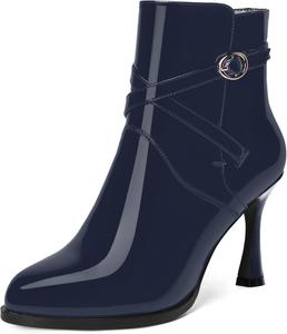 Женские ботильоны WAYDERNS с круглым носком, лаковой отделкой, ремешком на щиколотке, пряжкой, высокие каблуки 3,3 дюйма для холодной погоды, Navy Blue