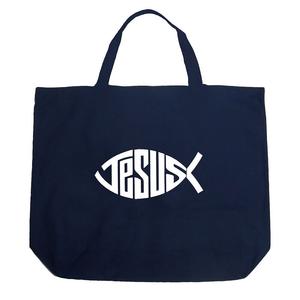 Большая сумка-тоут Word Art - Символ рыбы с именем христианина Иисуса LA Pop Art, темно-синий