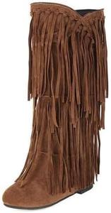 Женские замшевые сапоги на низком клиновидном каблуке до середины голени с бахромой, большие размеры WAOLSU, Yellow