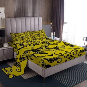 Erosebridal Комплект постельного белья Gothic Moth с узором дамаск в желто-черной готической расцветке с изображением черепа и бабочки, Yellow