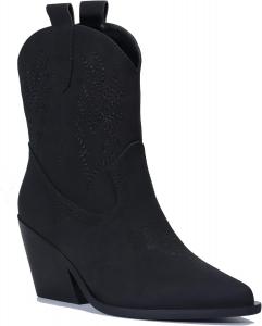 Женские ковбойские ботинки-казаки на щиколотку - стильный заостренный носок, боковая молния, каблук средней высоты, западные ковбойские ботинки с джерси-подкладкой - классика и комфорт AUPEWEL, Black Nubuck