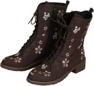 Винтажные вышитые ботильоны на щиколотку для женщин, с боковой молнией, цветочным узором, шнуровкой, из кожи, с массивным средним каблуком, осенне-зимние ботильоны, удобные с округлым носком, средняя голень, ретро повседневная обувь Generic, Brown