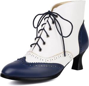Женские винтажные викторианские ботильоны SHEMEE с низким каблуком, шнуровкой, оксфордские броги, с перфорацией и средним каблуком, обувь в стиле Ренессанс, обувь ведьмы, Blue/White