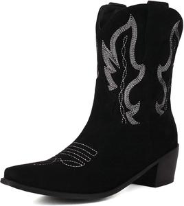 Женские ковбойские сапоги Alsoloveu Western из замши, ботильоны в ковбойском стиле с вышивкой, модные с закругленным носком и массивным каблуком, Black