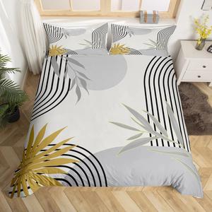 Erosebridal Богемный серый геометрический комплект постельного белья с абстрактными листьями в ретро стиле середины века, Grey Black Gold