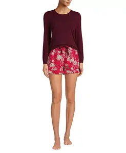 Женский легкий пижамный комплект из двух предметов: топ и шорты, хлопковый модал, драпированная фланель Lands' End, красный