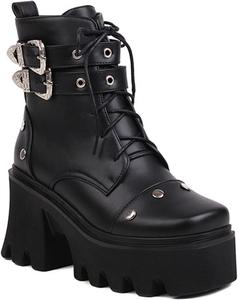 Женские ботинки Vujkliy с высокой подошвой, на высоком каблуке, модные с передней шнуровкой, заклепками и пряжкой, модная обувь больших размеров, Black