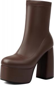 Женские ботильоны на высокой платформе с круглым носком, на массивном каблуке, средней длины, без застежки YUHATRG, Brown