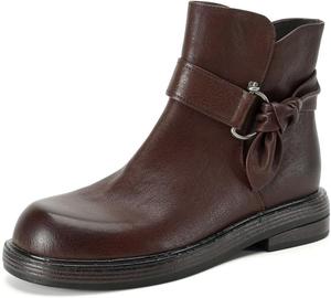 Женские ботильоны на низком блочном каблуке с круглым носком и узлом, ручная работа, натуральная кожа TinaCus, Dark Brown