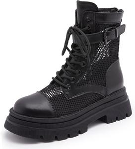 Женские ботинки на шнуровке из натуральной кожи с боковой молнией, модные и комфортные, с круглым носком, рельефной подошвой, низким массивным каблуком, дышащие, для работы и повседневной носки EGEBS, Black-Hollow