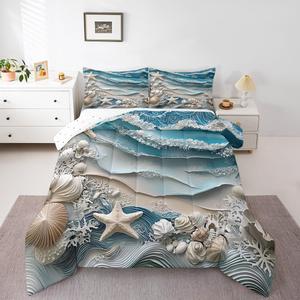 Erosebridal Комплект постельного белья Coastal Natural с морским принтом из звезд, кораллов и ракушек для детской комнаты, Blue Cream