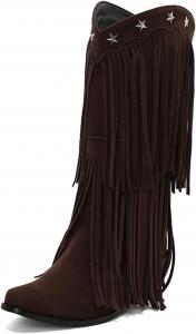 Женские ковбойские вестерн-сапоги с бахромой, заостренным носком, украшенные звездами, с массивным каблуком средней высоты, ботильоны в стиле рыцарских сапог Generic, Dark Brown