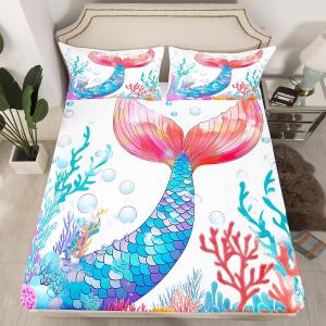 Erosebridal Комплект постельного белья Mermaid с принтом морских обитателей, фиолетово-синий, Multi 8