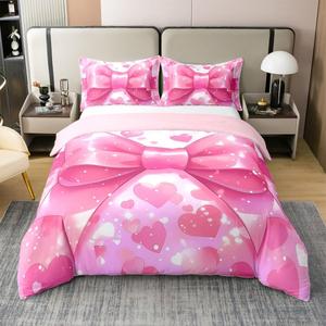 Erosebridal Комплект постельного белья для девочек с розовыми бантами и сердечками в романтичном стиле, Pink