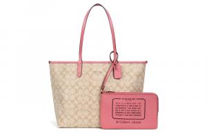 COACH Сумка-шоппер из холста с кожаными вставками комбинированная женская большая через плечо бежевая и розовая