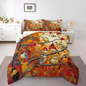 Erosebridal Комплект постельного белья Happy Fall Autumn с водяным принтом кленовых листьев и птиц, Red